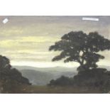 •MOORLAND SUNSET LANDSCAPE WITH TREES Unsigned unframed oil on board, 25.3 x 35cm.