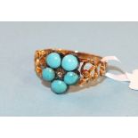A Victorian turquoise and diamond cluster memorial ring with pierced scrolling shoulders, locket