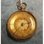 A Victorian 18ct gold cased key wind open face pocket watch, the gilded face with Roman numerals and