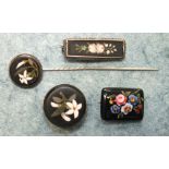 A small rectangular micro mosaic brooch in white metal mount, a similar stud and stick pin and a