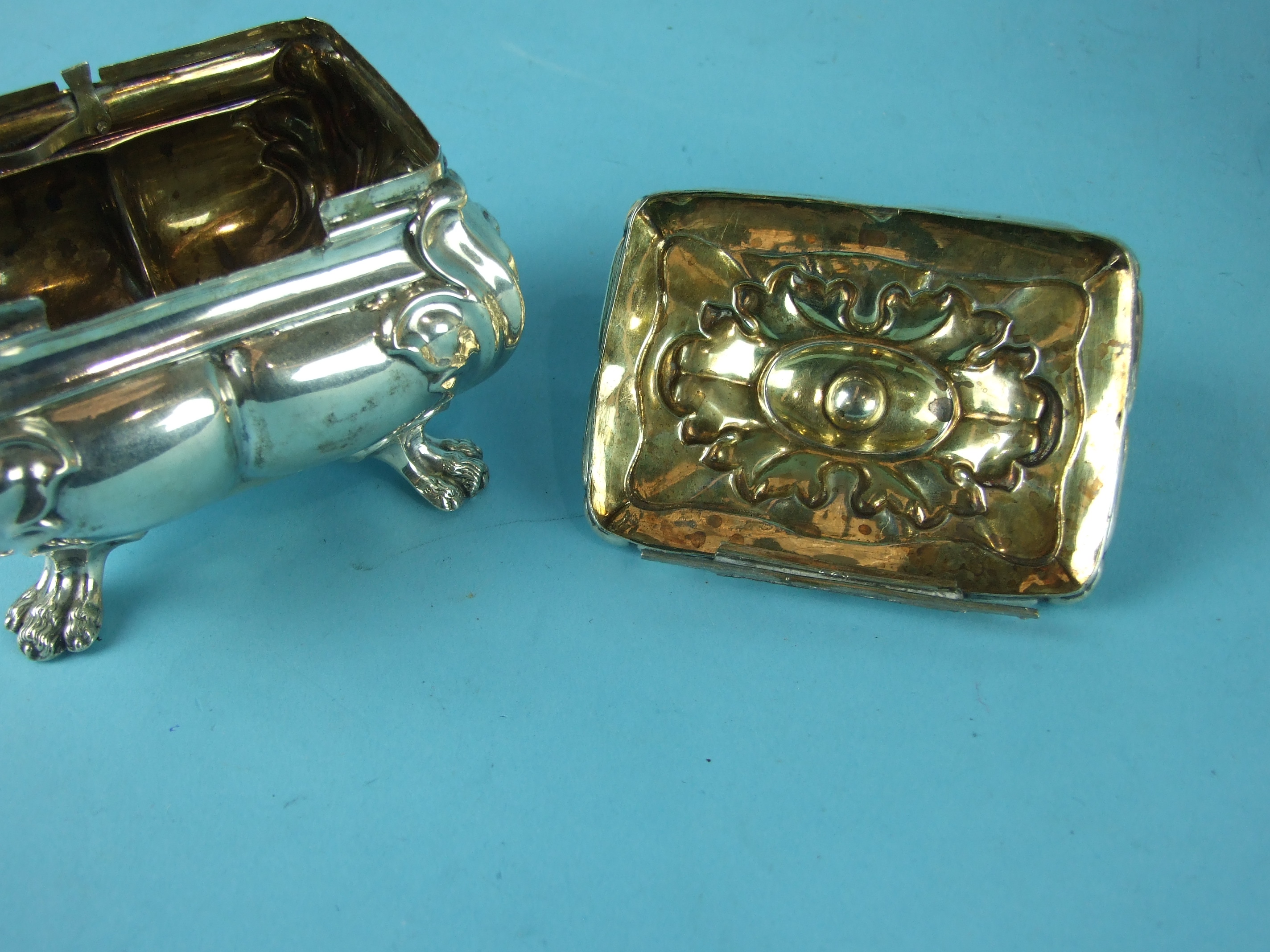 A Continental silver tea caddy of lobed squat form, the lid with pomegranate finial, (hinge damaged) - Image 3 of 4