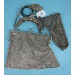 A Victorian silver chain mail evening purse, 18cm wide, London 1878, a foreign silver purse frame of