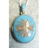 A 19th century silver locket enamelled overall in turquoise blue with seed pearl and turquoise set