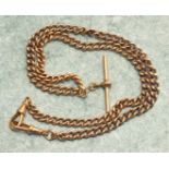 A 9ct rose gold curb link chain, all links marked 375 with unmarked yellow metal shackles and T-bar,