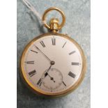 An 18ct gold cased keyless open face pocket watch, the white enamel dial with Roman numerals and