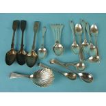 A Georgian bright cut caddy spoon with shell bowl, various coffee spoons, mainly 19th century,