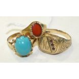 A 9ct gold signet ring set garnets, size P 1/2, another set hardstone, size J and a 9ct gold ring