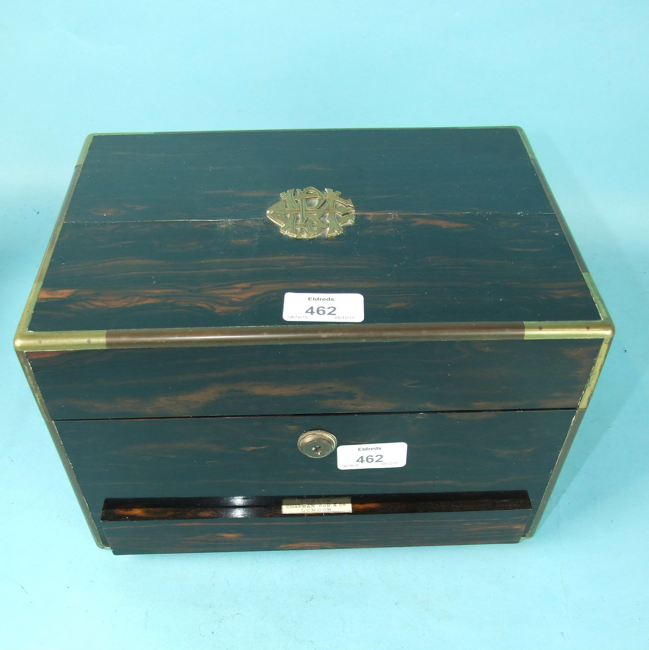 A Victorian ladies coromandel wood brass-bound dressing case by Chapman Son & Co, London, fitted - Image 2 of 2