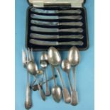 A cased set of six silver-handled knives, Sheffield 1921 and a small amount of silver cutlery,