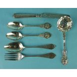 A Victorian christening spoon, fork and knife with engraved and engine-turned decoration, Birmingham
