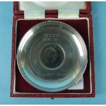 A circular pin tray commemorating Sir Winston Churchill, 1874-1974 with Clementine Churchill's