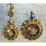 A Victorian rock crystal and turquoise pendant, the round rock crystal cabochon surmounted by a