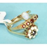 A five stone garnet 9ct gold ring, size O 1/2, a 9ct gold opal and garnet cluster ring, size N and a