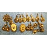 Two Victorian gilt metal brooches with four pairs of matching earrings and other similar jewellery.