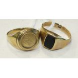 A 9ct gold ring set Mexican coin, size P and a 9ct gold signet ring set onyx plaque, size O, 5.3g.