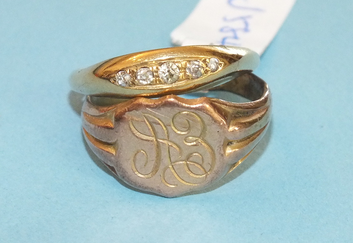 A 10ct gold ring set five graduated 8/8 cut diamonds, size O and a 9ct gold signet ring, size M,