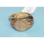 A 10ct gold ring set five graduated 8/8 cut diamonds, size O and a 9ct gold signet ring, size M,