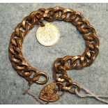 A 9ct gold curb link bracelet with 1887 half sovereign (holed), and padlock clasp, total weight 22.