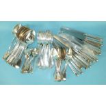 A canteen of silver fiddle pattern cutlery, comprising: twelve each tablespoons, dessert spoons,