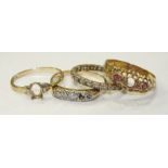 A small diamond set ring, (one setting vacant) and three 9ct gold rings, all with vacant settings,