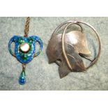 An Art Nouveau style pendant with blue and green enamelling and centrally set mabé pearl,
