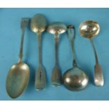 A pair of Victorian fiddle pattern silver sauce ladles, London 1840, another and a pair of table
