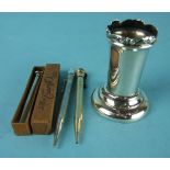 A Morden Everpoint, two other pencils and a silver pen pot, Birmingham 1911.