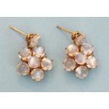 A pair of moonstone cluster pendant earrings, each flowerhead cluster of six round claw set