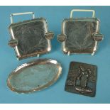 A Chinese oval pin tray engraved with a dragon, stamped Sterling, Sing K Wong, 12cm and a pair of