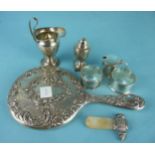 A small silver-mounted mother-of-pearl teether, (a/f), Birmingham 1898, a small cream jug, London