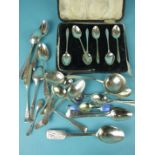 A cased set of six silver coffee spoons, Birmingham 1926, (case a/f) and other small cutlery,