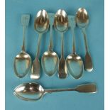 Five silver fiddle pattern teaspoons, Johnstone, Exeter 1858 and two others, similar, ___5.1oz, (