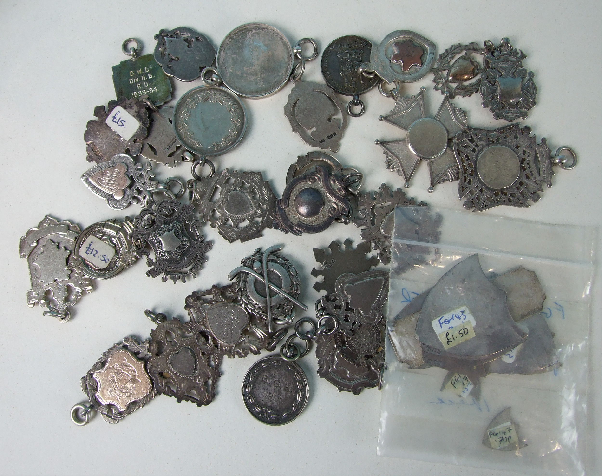 Thirty assorted silver medallions and thirteen shield shaped and one rectangular silver plaques,