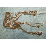 A small gold pendant set amethyst and diamond points, on 9ct gold chain and a 9ct gold necklet,