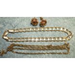 A pair of 9ct rose gold knot ear studs, a 9ct gold curb link bracelet and a 9ct gold neck chain, 9.