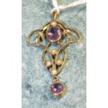 A modern Art Nouveau style amethyst and seed pearl pendant in 9ct gold mount, 1.9g.