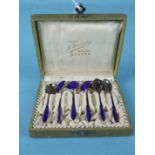 A set of six Scandinavian blue enamelled salt spoons in fitted case, marked M Hammes, Bergen.