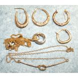 A 9ct gold necklet of knot design and other gold items, 4.3g and an unmarked necklet.