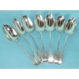 Six silver fiddle pattern tablespoons, London 1815 and one other, London 1854, ___15.3oz.
