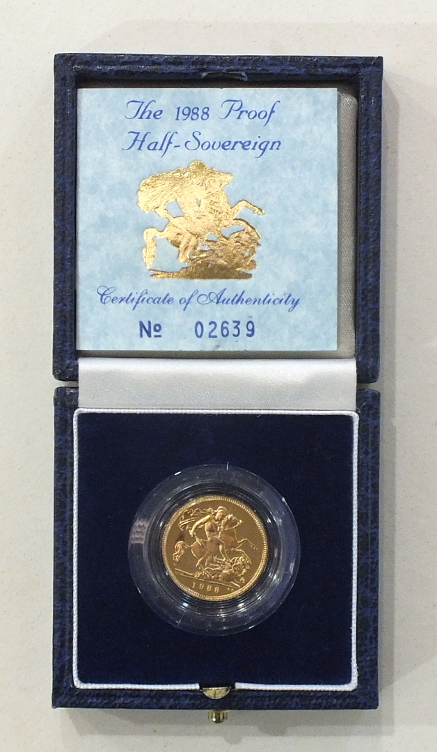 A 1988 Proof Half-Sovereign with certificate of authenticity no.02639, cased.