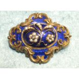 A Victorian blue enamel, split pearl and diamond mourning brooch with pearl and rose cut diamond