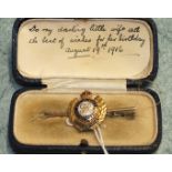 A Royal Engineers enamelled 9ct gold sweetheart brooch, 3.6g, (af- loop soldered to reverse),