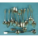 A set of four silver salt spoons, London 1865 and a quantity of silver fiddle pattern teaspoons,
