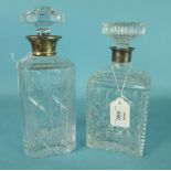 Two silver mounted glass decanters of oblong form, various loaded spill vases and other small