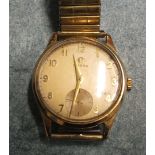 Omega, a gents 9ct gold cased wrist watch, c195, the round gilded dial with Arabic numerals and