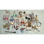 A pair of jet earrings, other earrings, an Italian micro mosaic fringe necklace and other costume