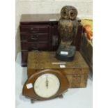 A painted carved wood model of an owl, a lacquered jewellery box in the form of a desk and other