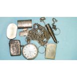 A silver-cased open-face pocket watch, (not working), on silver curb-link watch chain, a silver