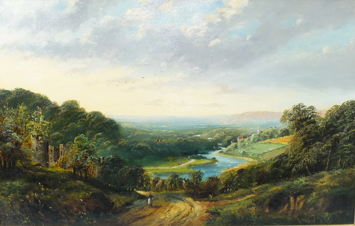 S Hall, 'River running through an expansive valley with ruins and a figure in the foreground', a