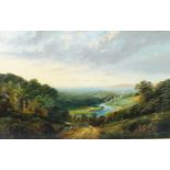 S Hall, 'River running through an expansive valley with ruins and a figure in the foreground', a